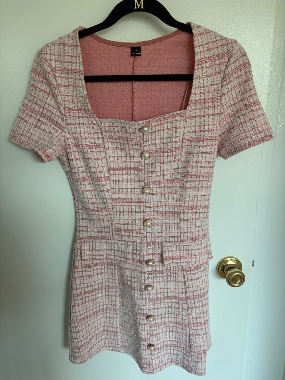 SHEIN Pink Plaid Pearl-Button Square Neck Mini Dress